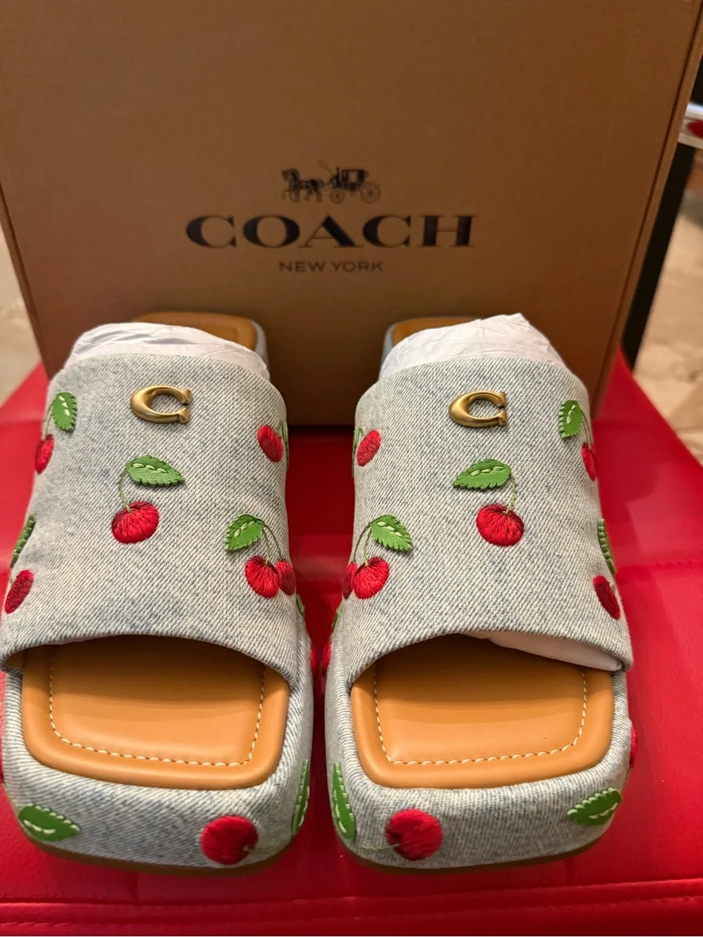 NWT Coach Marcy Denim Cherry Embroidery Platform Slides | Size 7.5
